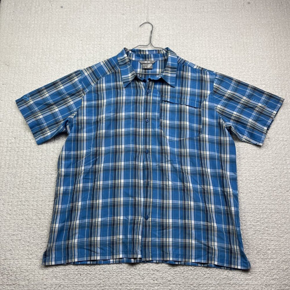 Salomon Shirt Mens XL Blue Checkered Pocket Short Sleeve Lightweight Hiking